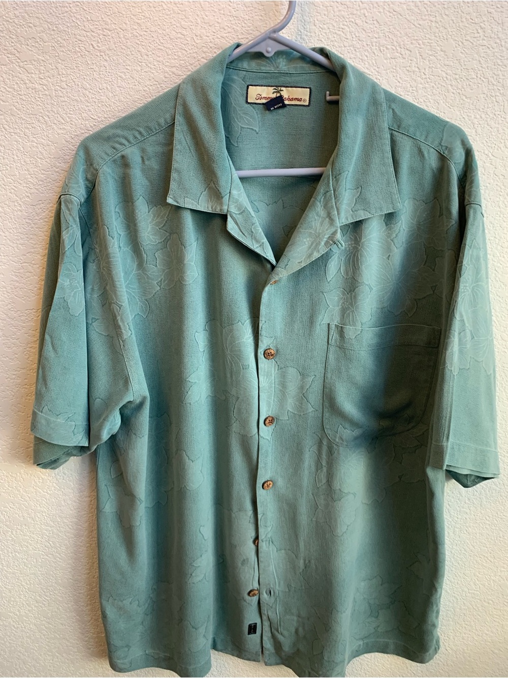 Tommy Bahama Teal Green Short-Sleeve Camp Shirt with Subtle Floral Jacquard